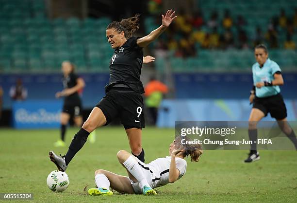 Amber Hearn of New Zealand competes for the ball with Sabrina Delannoy of France during the Women's Football match between New Zealand and France on...