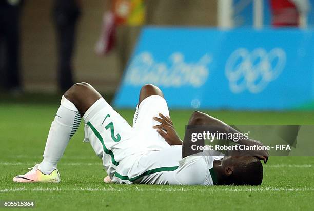 Muenfuh Sincere of Nigeria is dejected after Germany defeayed Nigeria during the Men's Football Semi Final between Nigeria and Germany on Day 12 of...