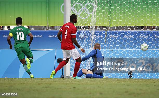 Obi John Mikel of scores a goal during the Men's Football Quarter Final match between Nigeria and Denmark on Day 8 of the Rio 2016 Olympic Games at...