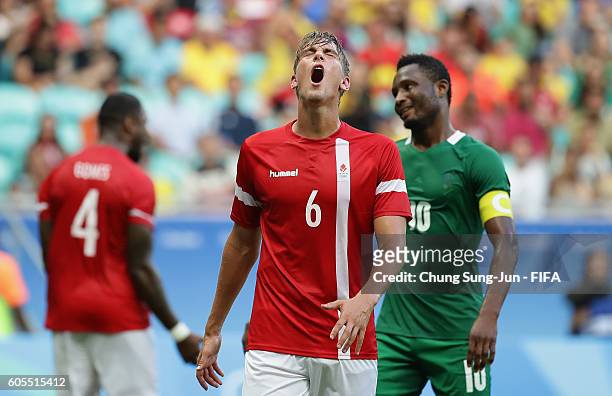 Andreas Maxso of Denmark reacts during the Men's Football Quarter Final match between Nigeria and Denmark on Day 8 of the Rio 2016 Olympic Games at...