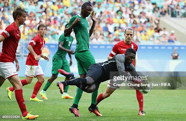 Goalkeeper Emmanuel Daniel of Nigeria catchs the ball during the Men's Football Quarter Final match between Nigeria and Denmark on Day 8 of the Rio...