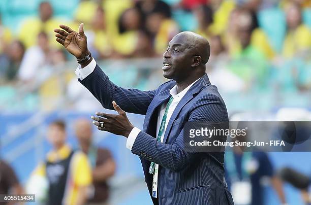 Samson Siasia, head coach of Nigeria gestures during the Men's Football Quarter Final match between Nigeria and Denmark on Day 8 of the Rio 2016...