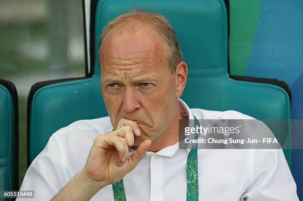 Niels Frederiksen, head coach of Denmark looks on during the Men's Football Quarter Final match between Nigeria and Denmark on Day 8 of the Rio 2016...