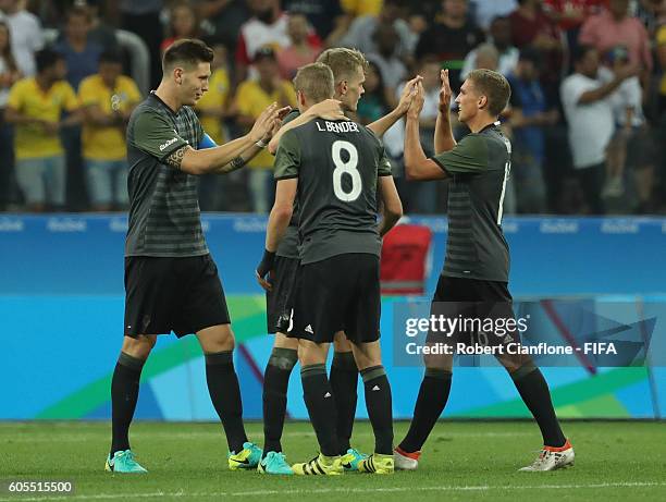 Germany celebrate after they defeated Nigeria during the Men's Football Semi Final between Nigeria and Germany on Day 12 of the Rio 2016 Olympic...