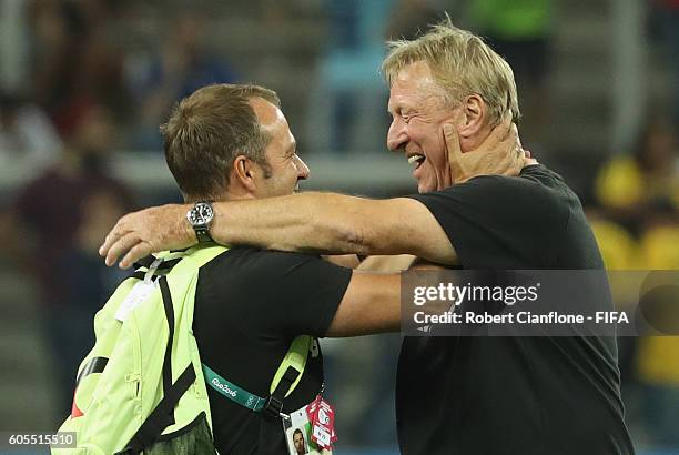 German coach Horst Hrubesch celebrates after Germany defeated Nigeria during the Men's Football Semi Final between Nigeria and Germany on Day 12 of...