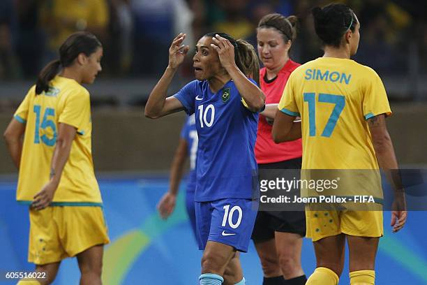 Marta of Brasil gestures during the Women's Quarter Final match between Brasil and Australia on Day 7 of the Rio2016 Olympic Games at Mineirao...