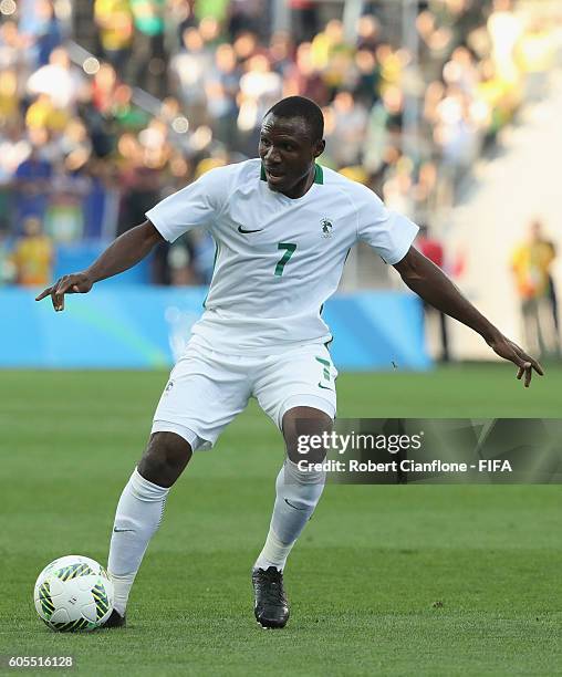 Aminu Umar of Nigeria controls the ball during the Men's Football Semi Final between Nigeria and Germany on Day 12 of the Rio 2016 Olympic Games at...