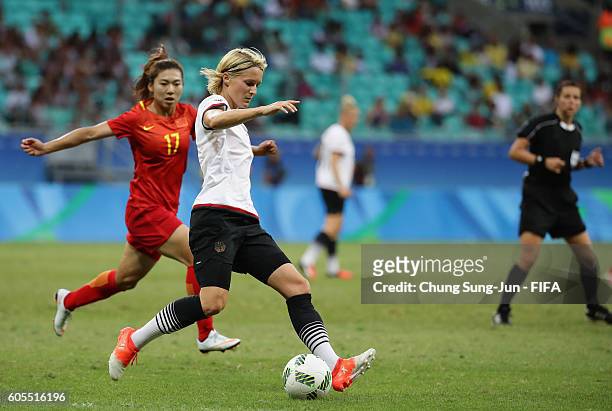 Sasakia Bartusiak of Germany controls the ball during the Women's Football Quarter Final match between China and Germany on Day 7 of the Rio 2016...