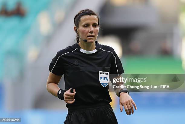 Referee Kateryna Monzul reacts during the Women's Football Quarter Final match between China and Germany on Day 7 of the Rio 2016 Olympic Games at...