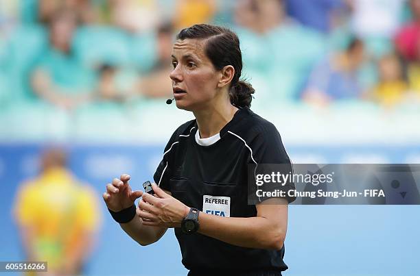 Referee Kateryna Monzul reacts during the Women's Football Quarter Final match between China and Germany on Day 7 of the Rio 2016 Olympic Games at...