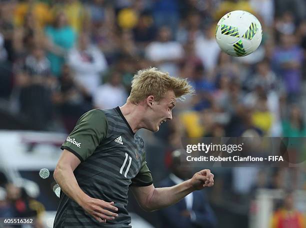 Julian Brandt of Germany heads the ball during the Men's Football Semi Final between Nigeria and Germany on Day 12 of the Rio 2016 Olympic Games at...