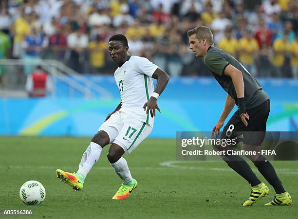 Usman Muhammed of Nigeria passes the ball during the Men's Football Semi Final between Nigeria and Germany on Day 12 of the Rio 2016 Olympic Games at...