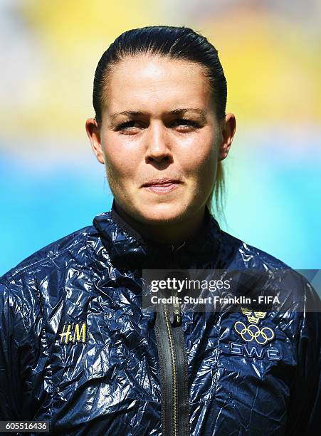 Emilia Appelqvist of Sweden looks on during the Olympic Womens Semi Final Football match between Brazil and Sweden at Maracana Stadium on August 16,...