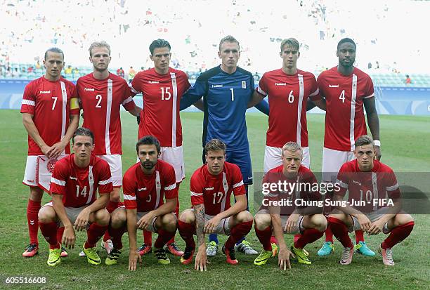 Denmark gathers during the Men's Football Quarter Final match between Nigeria and Denmark on Day 8 of the Rio 2016 Olympic Games at Arena Fonte Nova...