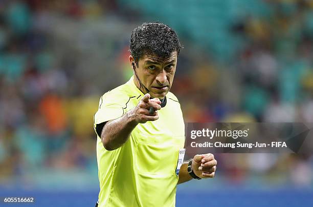 Referee Sandro Ricci reacts during the Men's Football Quarter Final match between Nigeria and Denmark on Day 8 of the Rio 2016 Olympic Games at Arena...