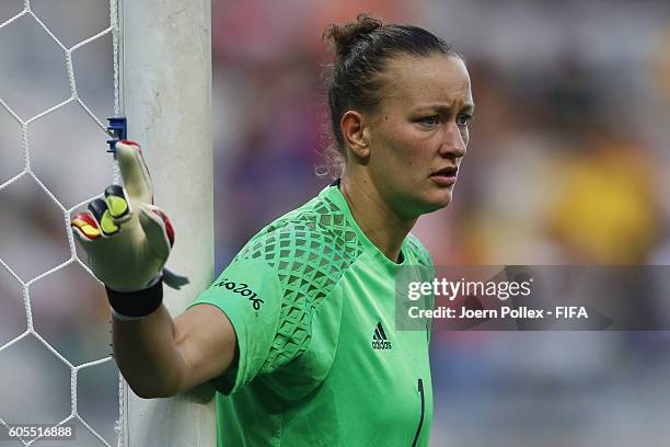 Almuth Schult of Germany gestures during the Women's Semi Final match between Canada and Germany on Day 11 of the Rio2016 Olympic Games at Mineirao...