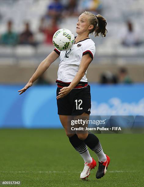 Tabea Kemme of Germany controls the ball during the Women's Semi Final match between Canada and Germany on Day 11 of the Rio2016 Olympic Games at...