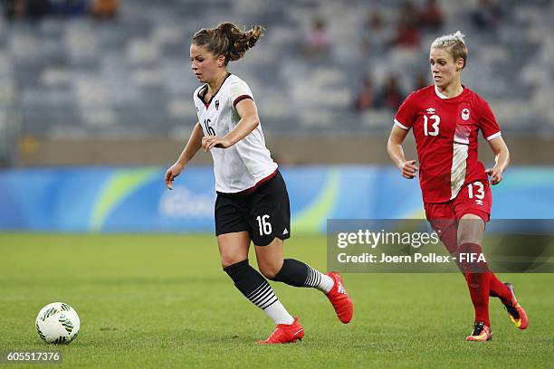Melanie Leupolz of Germany controls the ball during the Women's Semi Final match between Canada and Germany on Day 11 of the Rio2016 Olympic Games at...