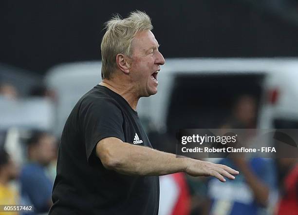 German coach Horst Hrubesch reacts during the Men's Football Semi Final between Nigeria and Germany on Day 12 of the Rio 2016 Olympic Games at Arena...