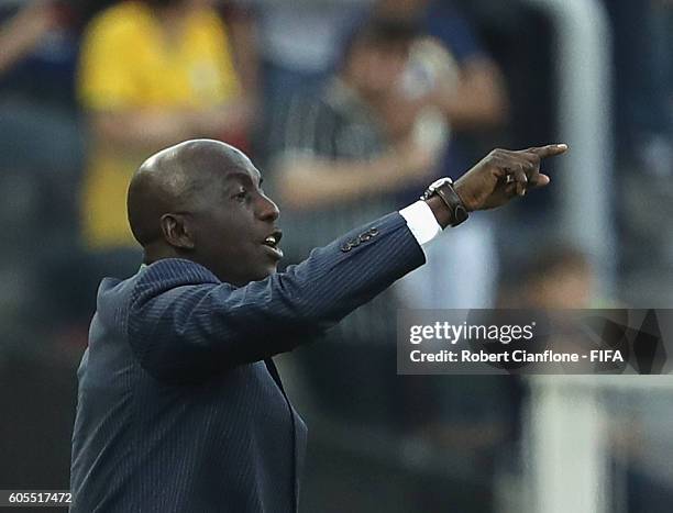 Nigerian coach Samson Siasia gestures during the Men's Football Semi Final between Nigeria and Germany on Day 12 of the Rio 2016 Olympic Games at...