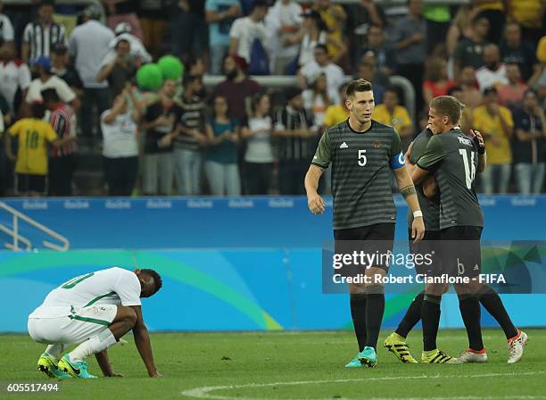 Germany celebrate after they defeated Nigeria during the Men's Football Semi Final between Nigeria and Germany on Day 12 of the Rio 2016 Olympic...