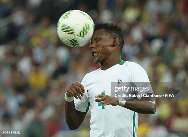 Abdullahi Shehu of Nigeria heads the ball during the Men's Football Semi Final between Nigeria and Germany on Day 12 of the Rio 2016 Olympic Games at...