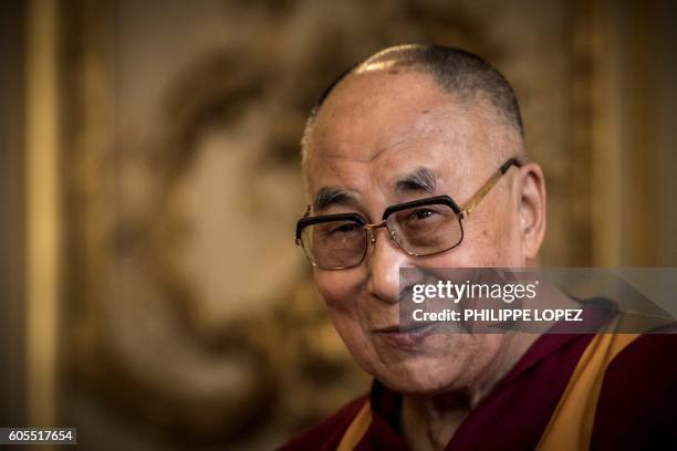 The Dalai Lama is pictured during a meeting with the International Group of Information about Tibet in the French Senate premises in Paris on...