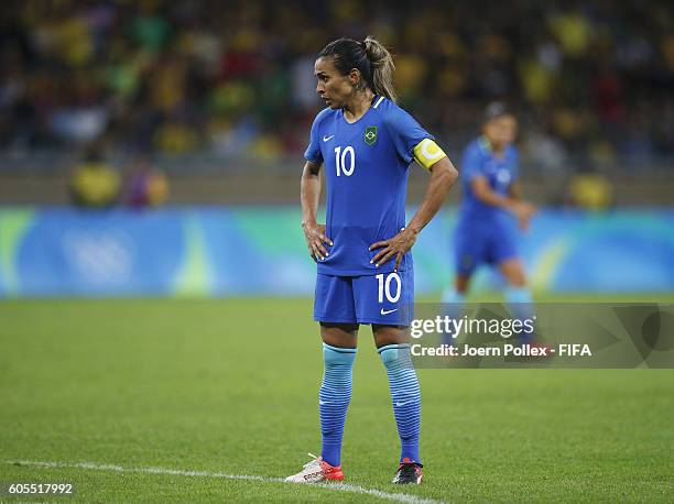 Marta of Brasil during the Women's Quarter Final match between Brasil and Australia on Day 7 of the Rio2016 Olympic Games at Mineirao Stadium on...