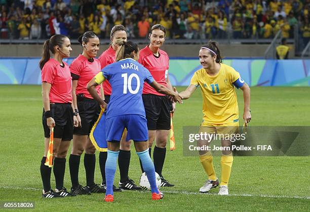Hand shake before the Women's Quarter Final match between Brasil and Australia on Day 7 of the Rio2016 Olympic Games at Mineirao Stadium on August...