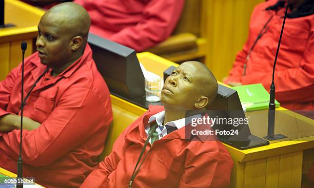 Economic Freedom Fighters leaders Julius Malema and Floyd Shivambu in parliament during President Jacob Zumas Question and Answer session on...