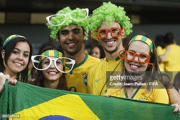 Supporter of Brazil pictured before the Women's Quarter Final match between Brasil and Australia on Day 7 of the Rio2016 Olympic Games at Mineirao...