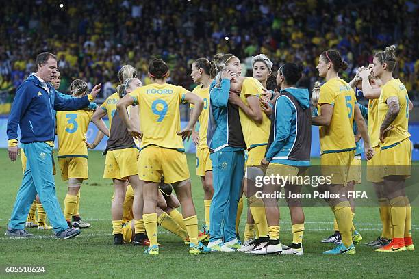 The team of Australia is pictured after loosing the Women's Quarter Final match between Brasil and Australia on Day 7 of the Rio2016 Olympic Games at...