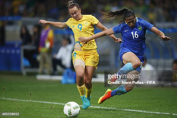 Beatriz of Brasil and Caitlin Foord of Australia compete for the ball during the Women's Quarter Final match between Brasil and Australia on Day 7 of...