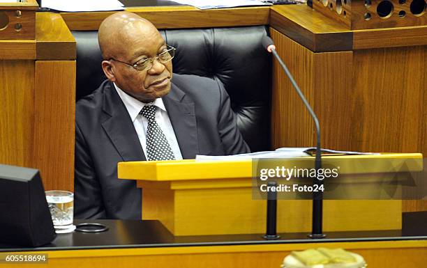 President Jacob Zuma speaks in parliament during his Question and Answer session on September 13, 2016 in Cape Town, South Africa. During the...