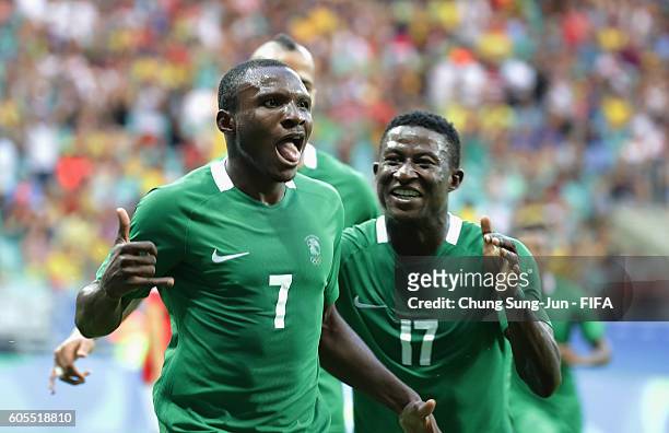 Aminu Umar of Nigeria celebrates after scoring a goal during the Men's Football Quarter Final match between Nigeria and Denmark on Day 8 of the Rio...