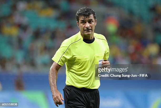Referee Sandro Ricci reacts during the Men's Football Quarter Final match between Nigeria and Denmark on Day 8 of the Rio 2016 Olympic Games at Arena...