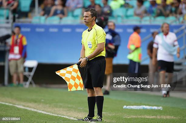 Assistant referee looks on during the Men's Football Quarter Final match between Nigeria and Denmark on Day 8 of the Rio 2016 Olympic Games at Arena...