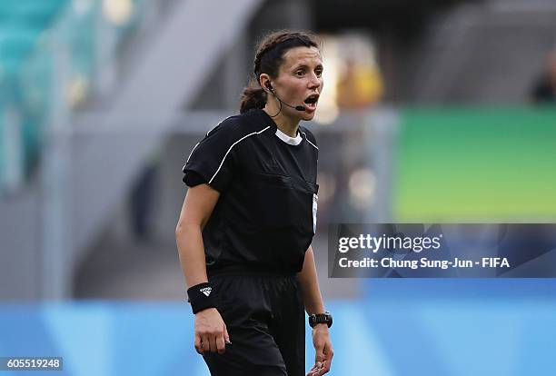 Referee Kateryna Monzul reacts during the Women's Football Quarter Final match between China and Germany on Day 7 of the Rio 2016 Olympic Games at...