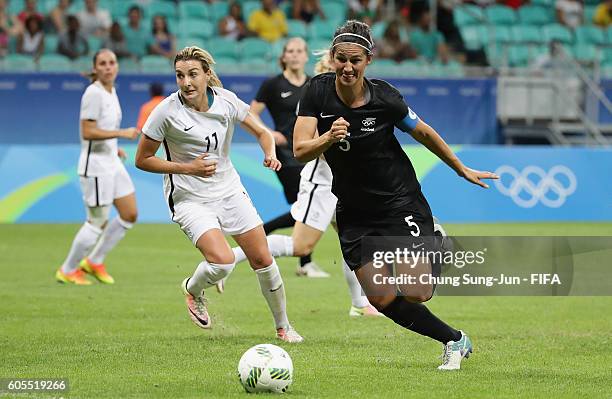 Abby Erceg of New Zealand competes for the ball with Claire Lavogez of France during the Women's Football match between New Zealand and France on Day...