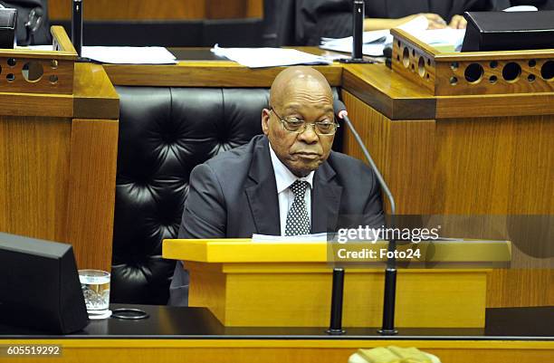 President Jacob Zuma speaks in parliament during his Question and Answer session on September 13, 2016 in Cape Town, South Africa. During the...