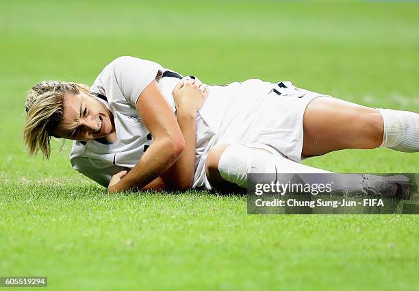 Claire Lavogez of France is injured during the Women's Football match between New Zealand and France on Day 4 of the Rio 2016 Olympic Games at Arena...