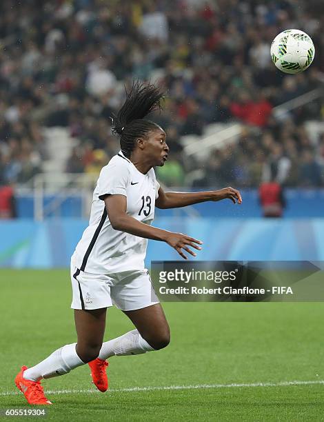 Diani Kadidiatou of France heads the ball during the Women's Football Quarter Final match between Canada and France on Day 7 of the Rio 2016 Olympic...