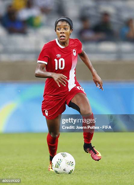 Ashley Lawrence of Canada controls the ball during the Women's Semi Final match between Canada and Germany on Day 11 of the Rio2016 Olympic Games at...