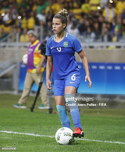 Tamires of Brasil controls the ball during the Women's Quarter Final match between Brasil and Australia on Day 7 of the Rio2016 Olympic Games at...