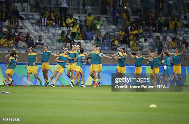 Warmin up before the Women's Quarter Final match between Brasil and Australia on Day 7 of the Rio2016 Olympic Games at Mineirao Stadium on August 12,...