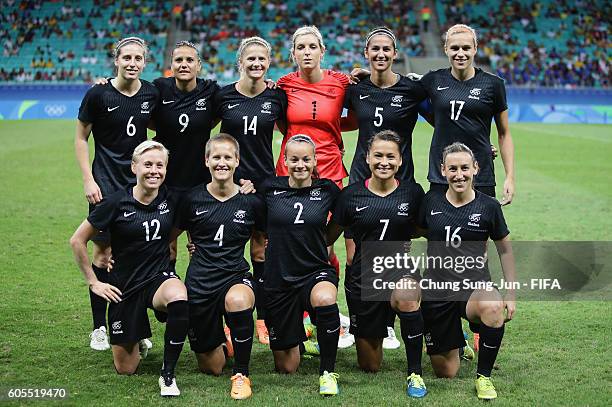 New Zealand team members gather during the Women's Football match between New Zealand and France on Day 4 of the Rio 2016 Olympic Games at Arena...