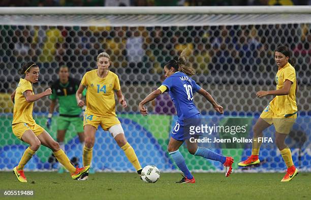 Marta of Brasil controls the ball during the Women's Quarter Final match between Brasil and Australia on Day 7 of the Rio2016 Olympic Games at...