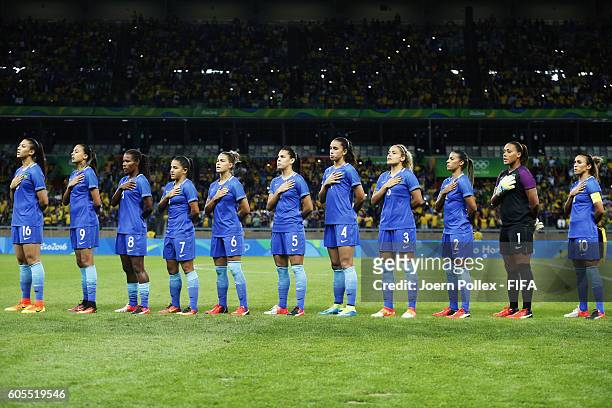 The team of Brasil is seen before the Women's Quarter Final match between Brasil and Australia on Day 7 of the Rio2016 Olympic Games at Mineirao...