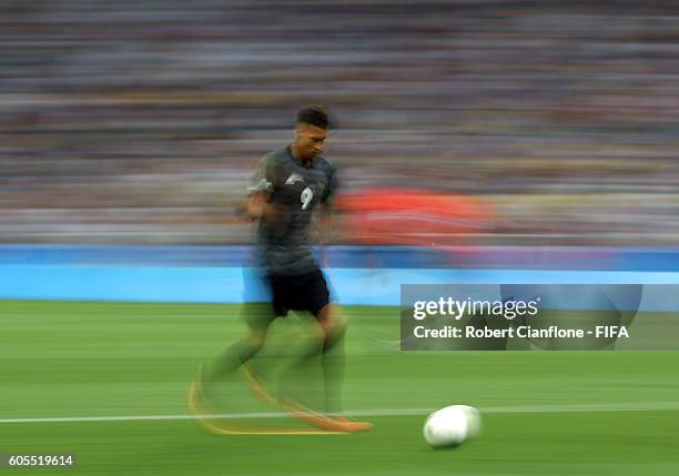 Davie Selke of Germany runs with the ball during the Men's Football Semi Final between Nigeria and Germany on Day 12 of the Rio 2016 Olympic Games at...