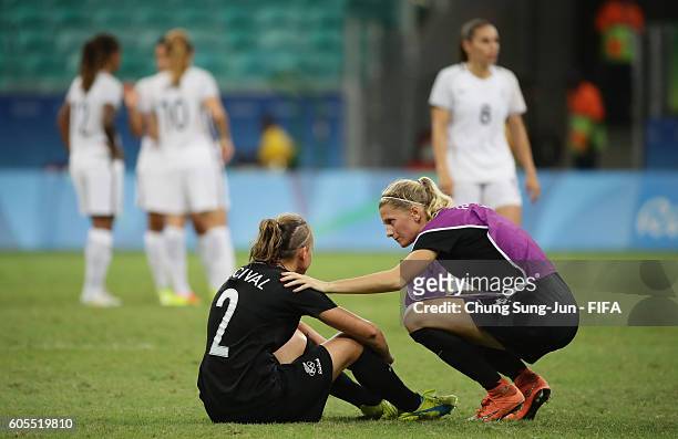 Ria Percival and Katie Bowen of New Zealand in dejection after the Women's Football match between New Zealand and France on Day 4 of the Rio 2016...